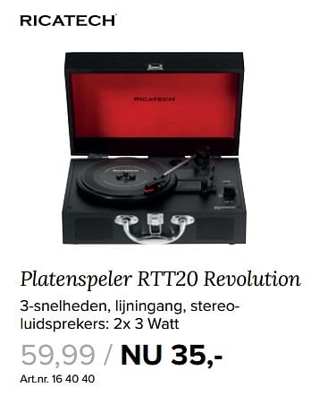 Aanbiedingen Platenspeler rtt20 revolution - Ricatech - Geldig van 25/09/2017 tot 08/10/2017 bij Kijkshop