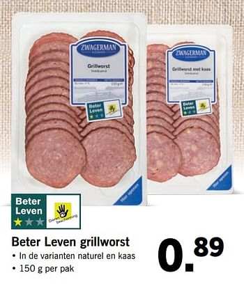 Aanbiedingen Beter leven grillworst - Zwagerman - Geldig van 25/09/2017 tot 30/09/2017 bij Lidl