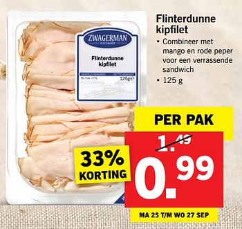 Aanbiedingen Flinterdunne kipfilet - Zwagerman - Geldig van 25/09/2017 tot 30/09/2017 bij Lidl