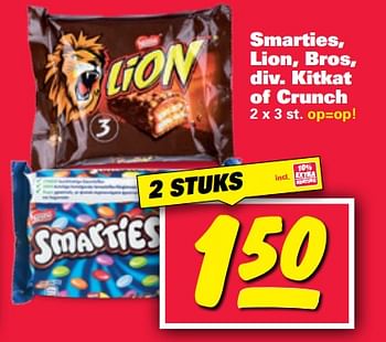 Aanbiedingen Smarties, lion, bros, div. kitkat of crunch - Nestlé - Geldig van 25/09/2017 tot 01/10/2017 bij Nettorama