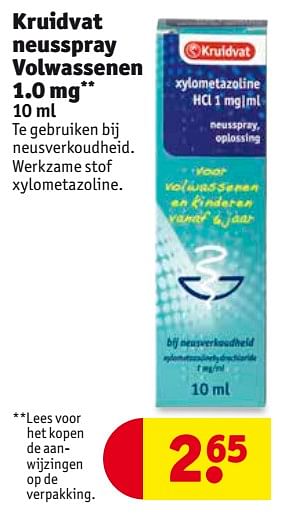 Aanbiedingen Kruidvat neusspray volwassenen 1.0 mg - Huismerk - Kruidvat - Geldig van 26/09/2017 tot 08/10/2017 bij Kruidvat
