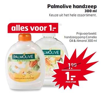 Aanbiedingen Handzeeppomp camelia oil + almond - Palmolive - Geldig van 26/09/2017 tot 01/10/2017 bij Trekpleister