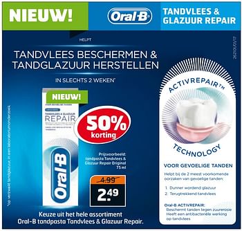 Aanbiedingen Tandpasta tandvlees + glazuur repair original - Oral-B - Geldig van 26/09/2017 tot 01/10/2017 bij Trekpleister