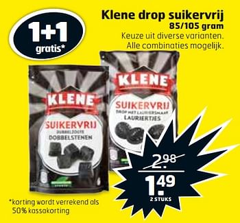 Aanbiedingen Klene drop suikervrij - Klene - Geldig van 26/09/2017 tot 01/10/2017 bij Trekpleister