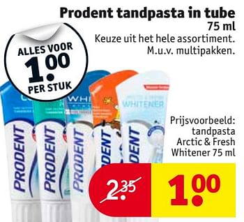 Aanbiedingen Tandpasta arctic + fresh whitener - Prodent - Geldig van 26/09/2017 tot 08/10/2017 bij Kruidvat