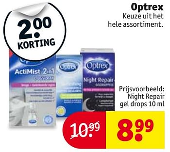 Aanbiedingen Night repair gel drops - Optrex - Geldig van 26/09/2017 tot 08/10/2017 bij Kruidvat