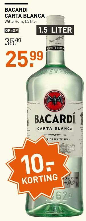 Aanbiedingen Bacardi carta blanca witte rum - Bacardi - Geldig van 25/09/2017 tot 08/10/2017 bij Gall & Gall