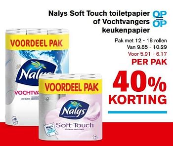 Aanbiedingen Nalys soft touch toiletpapier of vochtvangers keukenpapier - Nalys - Geldig van 27/09/2017 tot 03/10/2017 bij Hoogvliet