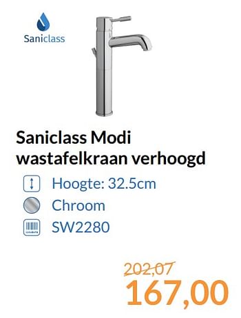 Aanbiedingen Saniclass modi wastafelkraan verhoogd - Saniclass - Geldig van 01/10/2017 tot 31/10/2017 bij Sanitairwinkel