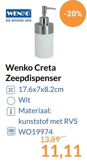 Aanbiedingen Wenko creta zeepdispenser - Wenko - Geldig van 01/10/2017 tot 31/10/2017 bij Sanitairwinkel