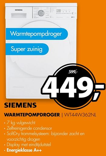 Aanbiedingen Siemens warmtepompdroger wt44w362nl - Siemens - Geldig van 30/09/2017 tot 08/10/2017 bij Expert