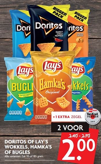 Aanbiedingen Doritos of lay`s wokkels, hamka`s of bugles - Huismerk - Deka Markt - Geldig van 01/10/2017 tot 07/10/2017 bij Deka Markt