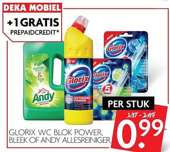 Aanbiedingen Glorix wc blok power, bleek of andy allesreiniger - Huismerk - Deka Markt - Geldig van 01/10/2017 tot 07/10/2017 bij Deka Markt