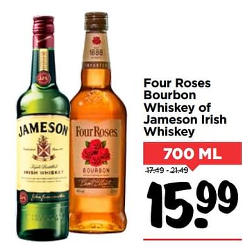 Aanbiedingen Four roses bourbon whiskey of jameson irish whiskey - Huismerk Vomar - Geldig van 01/10/2017 tot 07/10/2017 bij Vomar