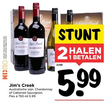 Aanbiedingen Jim`s creek australische wijn. chardonnay of cabernet sauvignon - Rode wijnen - Geldig van 01/10/2017 tot 07/10/2017 bij Vomar