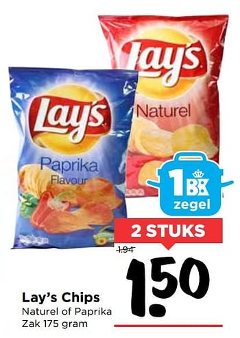 Aanbiedingen Lay`s chips naturel of paprika - Lay's - Geldig van 01/10/2017 tot 07/10/2017 bij Vomar