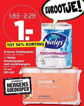 Aanbiedingen G`woon toiletpapier of nalys keukenpapier met vochtvangers - Huismerk - Plus - Geldig van 01/10/2017 tot 07/10/2017 bij Plus