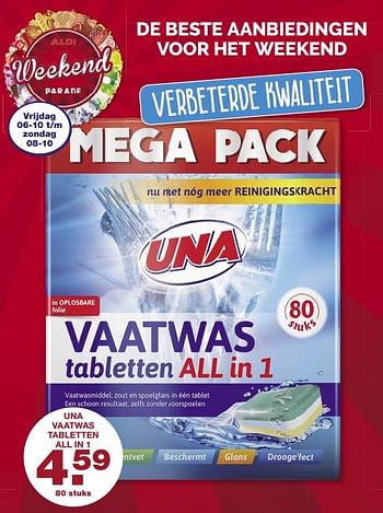 Aanbiedingen Una vaatwas tabletten all in 1 - Una - Geldig van 02/10/2017 tot 08/10/2017 bij Aldi