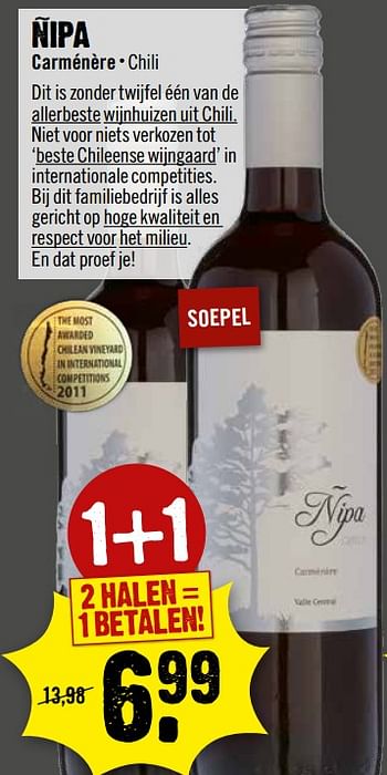 Aanbiedingen Nipa carménère - Rode wijnen - Geldig van 01/10/2017 tot 07/10/2017 bij Dirk III