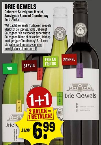 Aanbiedingen Drie gewels cabernet sauvignon, merlot, sauvignon blanc of chardonnay - Rode wijnen - Geldig van 01/10/2017 tot 07/10/2017 bij Dirk III