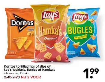 Aanbiedingen Doritos tortillachips of dips of lay`s wokkels, bugles of hamka`s - Huismerk - Em-té - Geldig van 01/10/2017 tot 07/10/2017 bij Em-té