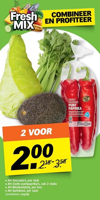Aanbiedingen Ah avocado`s,ah zoete puntpaprika`s, ah bleekselderij, ah spitskool - Huismerk - Albert Heijn - Geldig van 02/10/2017 tot 08/10/2017 bij Albert Heijn