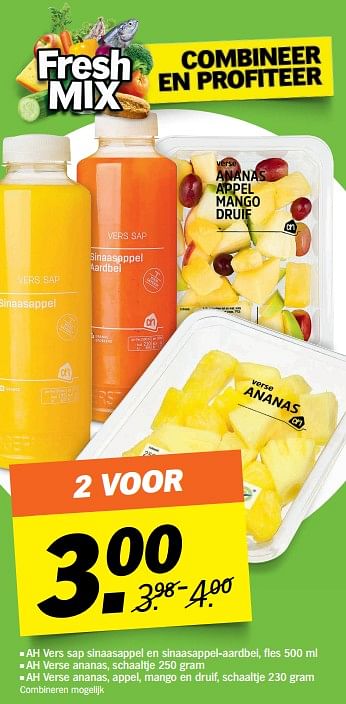 Aanbiedingen Ah vers sap sinaasappel en sinaasappel-aardbei, ah verse ananas, ah verse ananas, appel, mango en druif - Huismerk - Albert Heijn - Geldig van 02/10/2017 tot 08/10/2017 bij Albert Heijn