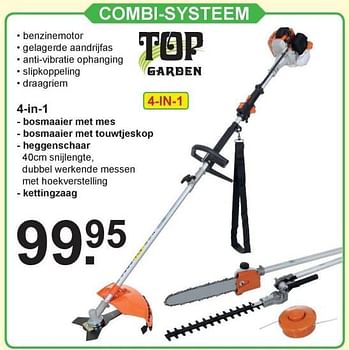 Aanbiedingen Top garden 4-in1 bosmaaier met mes, bosmaaier met touwtjeskop, heggenschaar, kettingzaag - Top Garden - Geldig van 25/09/2017 tot 14/10/2017 bij Van Cranenbroek