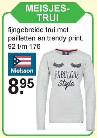 Aanbiedingen Nielsson meisjes trui - Nielsson - Geldig van 25/09/2017 tot 14/10/2017 bij Van Cranenbroek