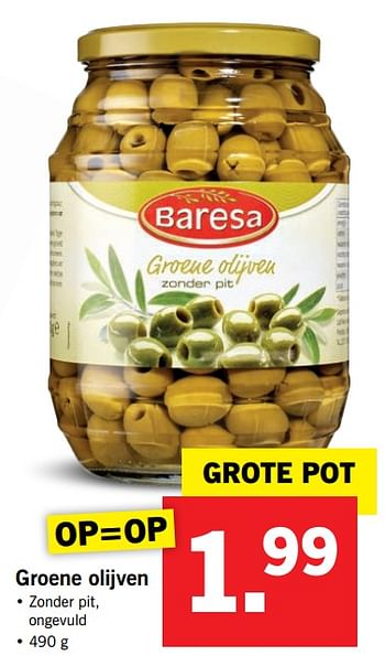 Aanbiedingen Groene olijven - Baresa - Geldig van 02/10/2017 tot 08/10/2017 bij Lidl