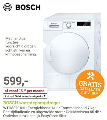 Aanbiedingen Bosch warmtepompdroger wth83201nl - Bosch - Geldig van 02/10/2017 tot 08/10/2017 bij BCC