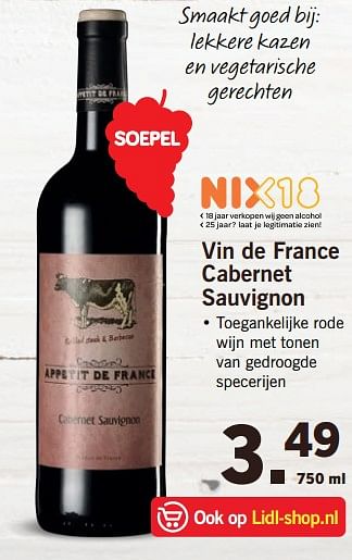 Aanbiedingen Vin de france cabernet sauvignon - Rode wijnen - Geldig van 02/10/2017 tot 08/10/2017 bij Lidl