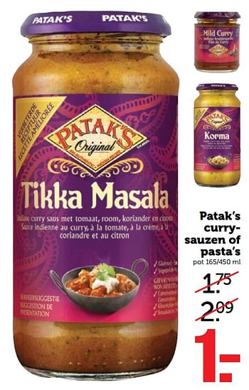 Aanbiedingen Patak`s currysauzen of pasta`s - Patak’s - Geldig van 02/10/2017 tot 08/10/2017 bij Coop