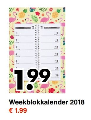 Aanbiedingen Weekblokkalender 2018 - Huismerk - Wibra - Geldig van 02/10/2017 tot 14/10/2017 bij Wibra