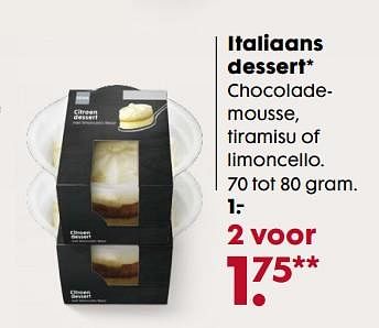 Aanbiedingen Italiaans dessert chocolademousse, tiramisu of limoncello - Huismerk - Hema - Geldig van 02/10/2017 tot 15/10/2017 bij Hema