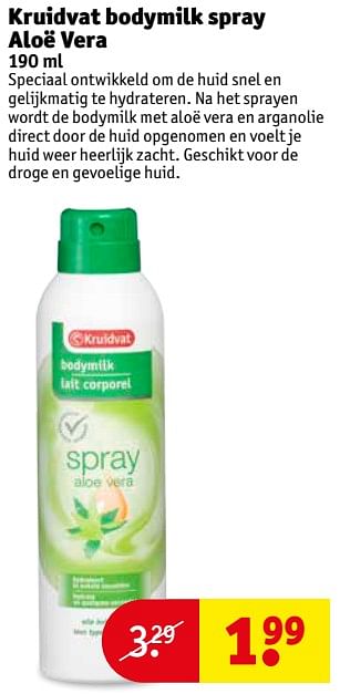 Aanbiedingen Kruidvat bodymilk spray aloë vera - Huismerk - Kruidvat - Geldig van 03/10/2017 tot 08/10/2017 bij Kruidvat