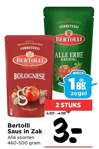 Aanbiedingen Bertolli saus in zak - Bertolli - Geldig van 08/10/2017 tot 14/10/2017 bij Vomar