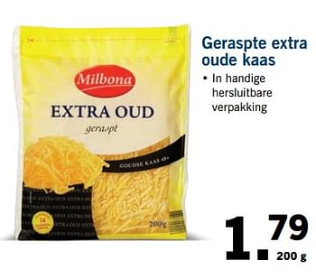 Aanbiedingen Geraspte extra oude kaas - Milbona - Geldig van 09/10/2017 tot 15/10/2017 bij Lidl