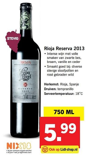 Aanbiedingen Rioja reserva 2013 - Rode wijnen - Geldig van 09/10/2017 tot 15/10/2017 bij Lidl