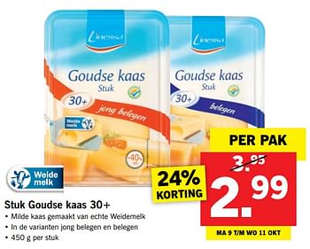 Aanbiedingen Stuk goudse kaas 30+ - Linessa - Geldig van 09/10/2017 tot 15/10/2017 bij Lidl