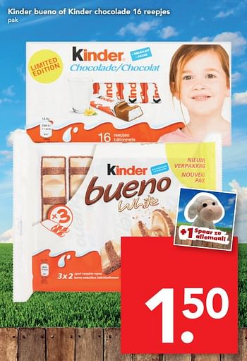 Aanbiedingen Kinder bueno of kinder chocolade 16 reepjes - Kinder - Geldig van 08/10/2017 tot 14/10/2017 bij Deen Supermarkten