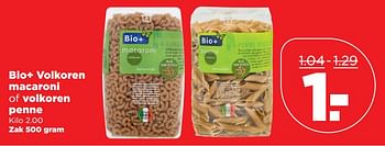 Aanbiedingen Bio+ volkoren macaroni of volkoren penne - Bio+ - Geldig van 08/10/2017 tot 14/10/2017 bij Plus