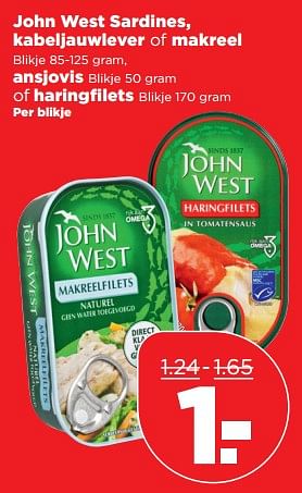 Aanbiedingen John west sardines, kabeljauwlever of makreel ansjovis of haringfilets - John West - Geldig van 08/10/2017 tot 14/10/2017 bij Plus