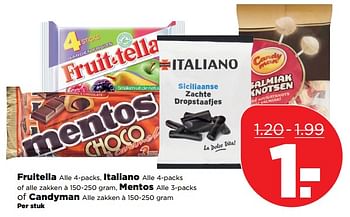 Aanbiedingen Fruitella italiano mentos of candyman - Huismerk - Plus - Geldig van 08/10/2017 tot 14/10/2017 bij Plus