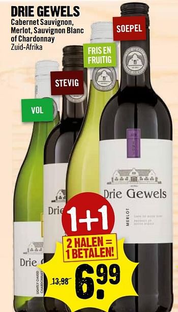 Aanbiedingen Drie gewels cabernet sauvignon, merlot, sauvignon blanc of chardonnay - Rode wijnen - Geldig van 08/10/2017 tot 14/10/2017 bij Dirk III