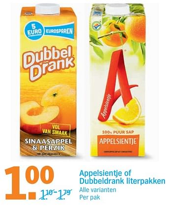 Aanbiedingen Appelsientje of dubbeldrank literpakken - Huismerk - Albert Heijn - Geldig van 09/10/2017 tot 15/10/2017 bij Albert Heijn