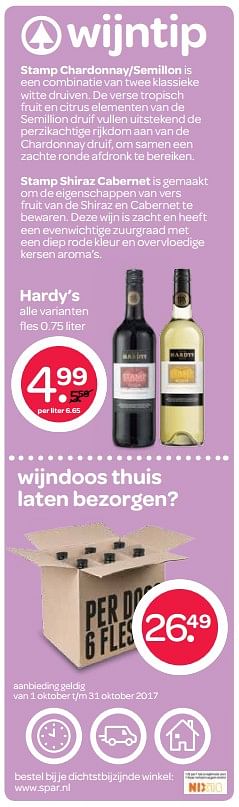 Aanbiedingen Hardy`s alle varianten - Rode wijnen - Geldig van 05/10/2017 tot 18/10/2017 bij Spar