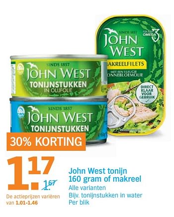 Aanbiedingen Tonijnstukken in water - John West - Geldig van 09/10/2017 tot 15/10/2017 bij Albert Heijn