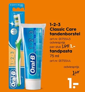 Aanbiedingen 1-2-3 classic care tandenborstel - Oral-B - Geldig van 07/10/2017 tot 18/10/2017 bij Blokker