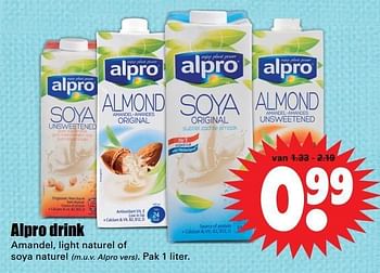 Aanbiedingen Alpro drink amandel, light naturel of soya naturel - Alpro Soya - Geldig van 08/10/2017 tot 14/10/2017 bij Lekker Doen